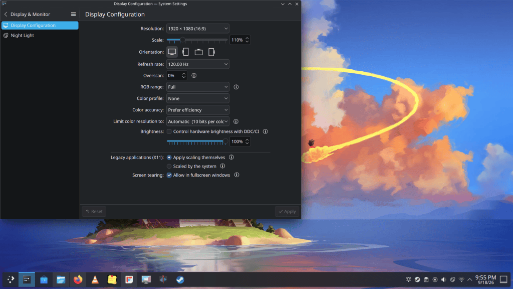 Settings menu in Arch Linux via SteamOS